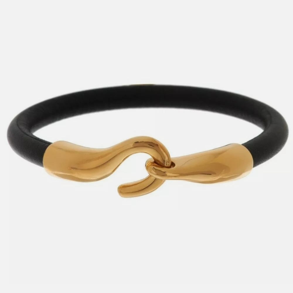 New Bronzo Italia Black Leather Bronze Hook and Eye Bracelet. Made in Italy